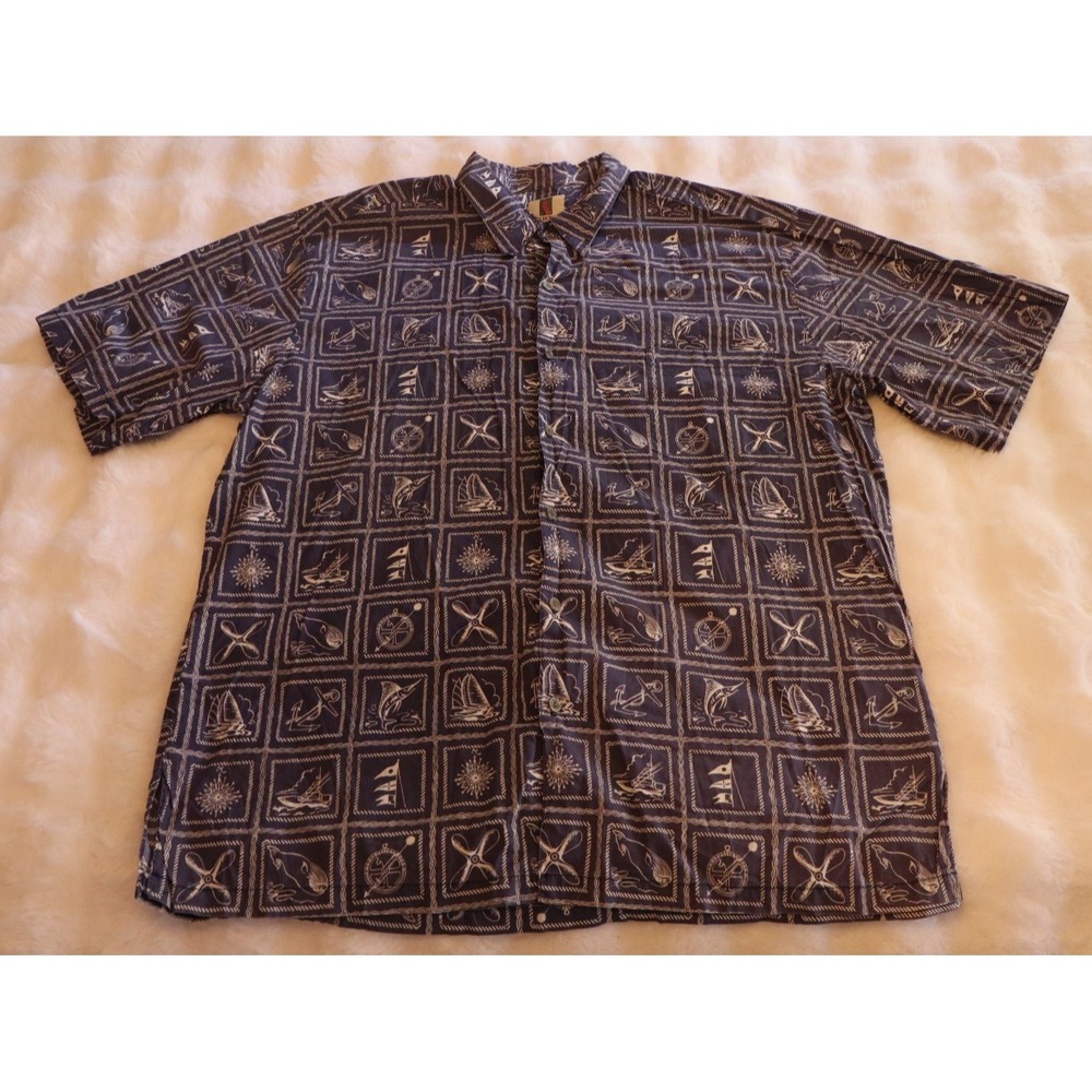 Mens Tori Richard Button Front Shirt‎ Size XL Cotton Lawn Blue Nautical Sailing